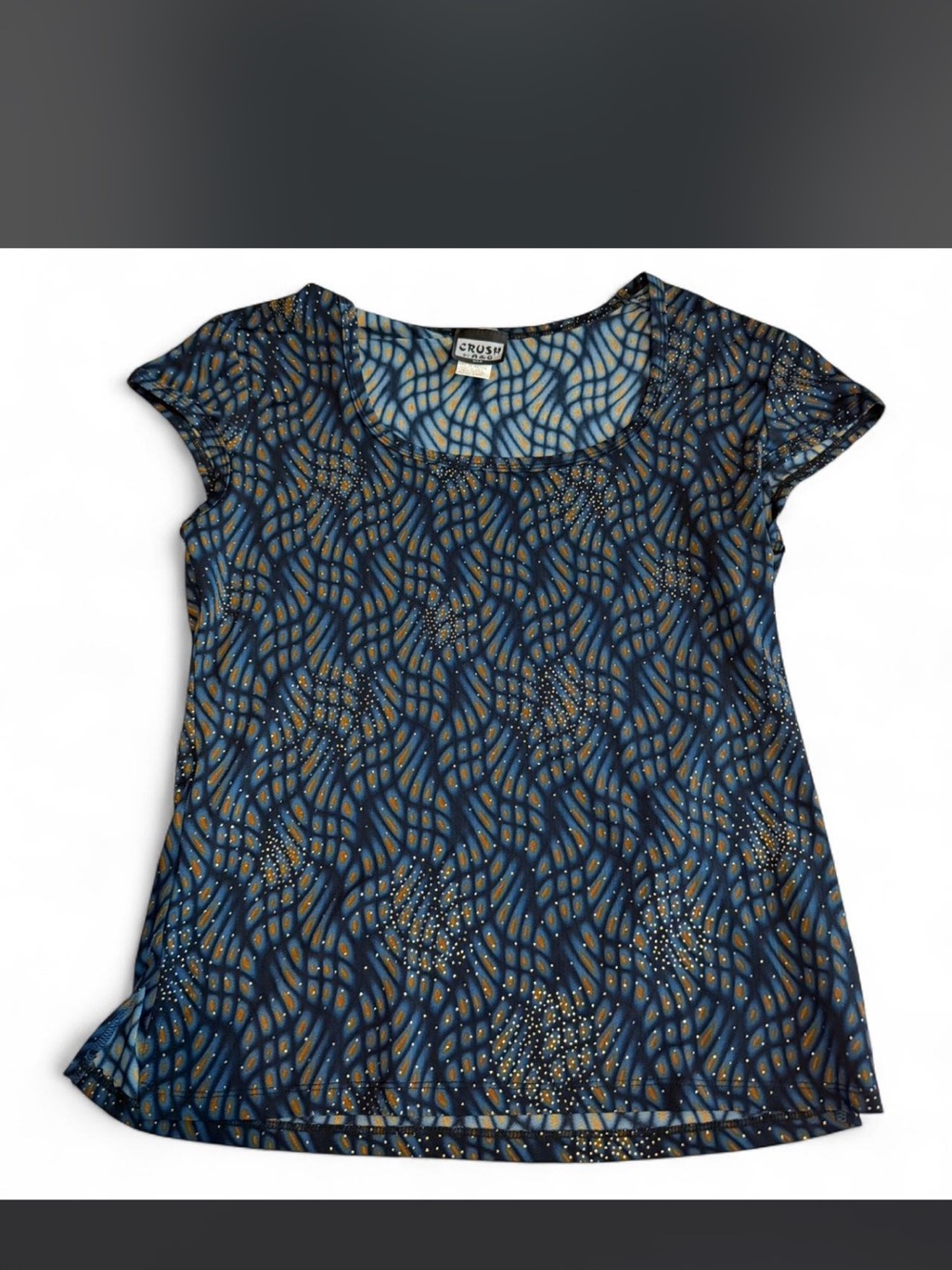 Crush Navy Blue Short Sleeve Scoop Neck Tee with Abstract Pattern